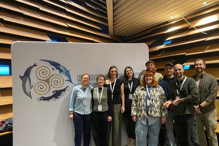 Personengruppe steht vor einem Aufsteller der European Cetacean Society 