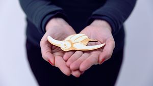 Eine Holzschildkröte liegt in übereinandergelegten Händen. (Foto: Anke Neumeister/Deutsches Meeresmuseum)