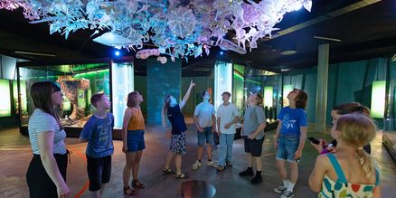 Eine Frau zeigt einer Gruppe von Jugendlichen eine an der Decke hängende Installation verschiedener Plastikmodelle