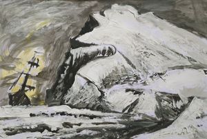 Gemälde eines Schiffes, das an einer Klippe vorbeisegelt