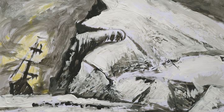 Gemälde eines Schiffes, das an einer Klippe vorbeisegelt