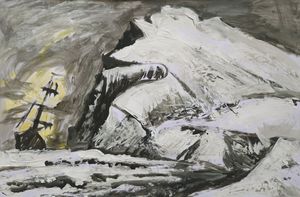 Gemälde eines Schiffes, das an einer Klippe vorbeisegelt