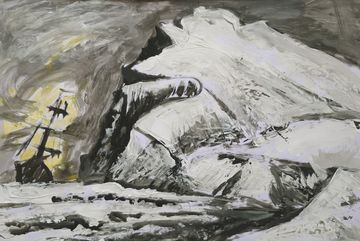 Gemälde eines Schiffes, das an einer Klippe vorbeisegelt