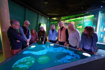 Eine Besuchergruppe steht im Museum vor einem illuminierten Thementisch, auf dem die Ostsee abgebildet ist. 