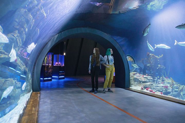 Zwei junge Frauen im Helgoland-Tunnel im OZEANEUM