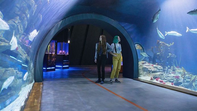 Zwei junge Frauen im Helgoland-Tunnel im OZEANEUM