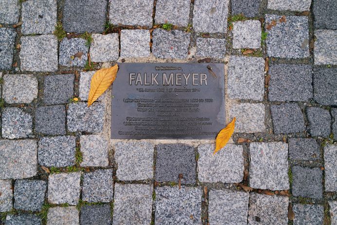Gedenkplatte für Falk Meyer in das Pflaster vor dem MEERESMUSEUM Stralsund eingelassen. Die bronzene Platte trägt seinen Namen, Lebensdaten und Hinweise auf sein Wirken. Zwei herbstliche Blätter liegen auf dem Steinpflaster.