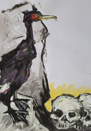 Gemälde eines Vogels, daneben liegen Totenschädel