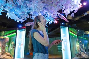 Eine junge Frau steht mit Kopfhörern und Smartphone unter einer vergrößerten Planktonwolke in einer Ausstellung. 