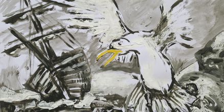 Das Gemälde einer Möwe vor einem Segelschiff