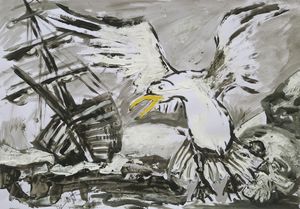 Das Gemälde einer Möwe vor einem Segelschiff