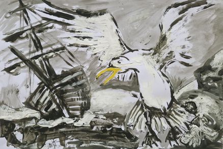 Das Gemälde einer Möwe vor einem Segelschiff