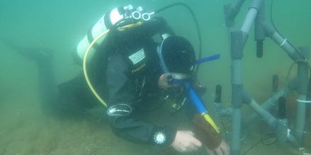 Taucher bringt unter Wasser eine technische Ausrüstung an
