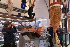 Mehrere Menschen stehen auf einer Rüstung und am Boden und halten ein Kalmarmodell fest